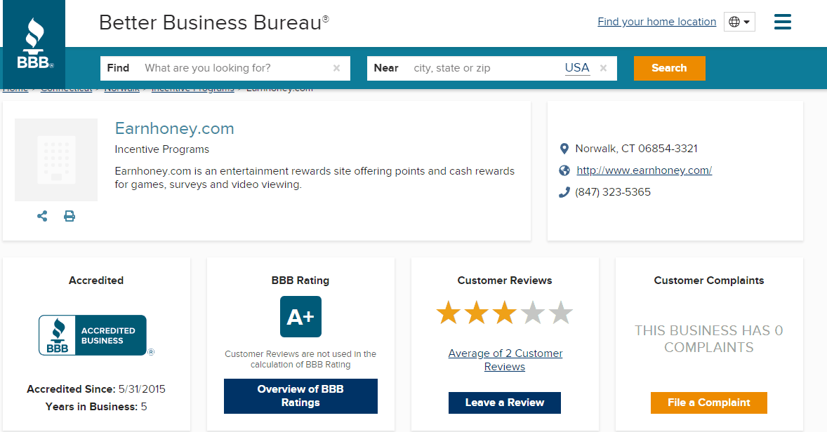 EarnHoney Better Business Bureau Rating