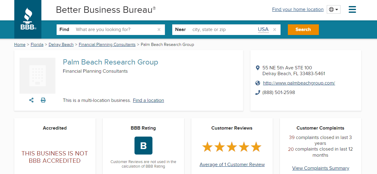 Palm Beach Research Group BBB Rating