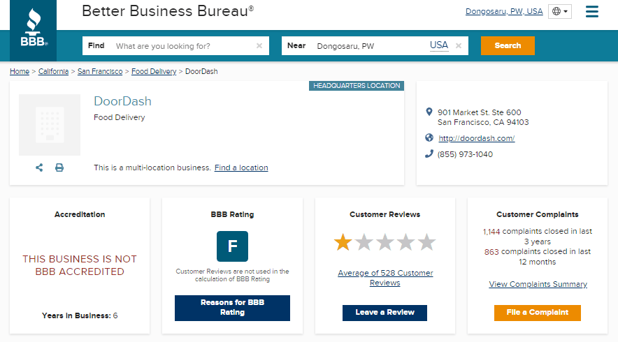 DoorDash BBB Rating