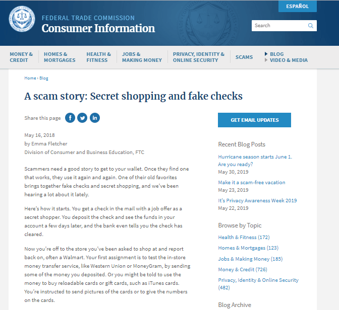 Fake Mystery Shopper Reported By FTC