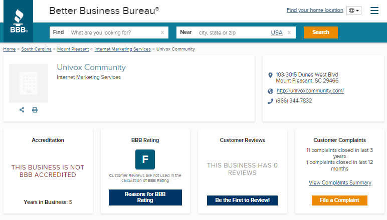 Univox Community BBB Rating
