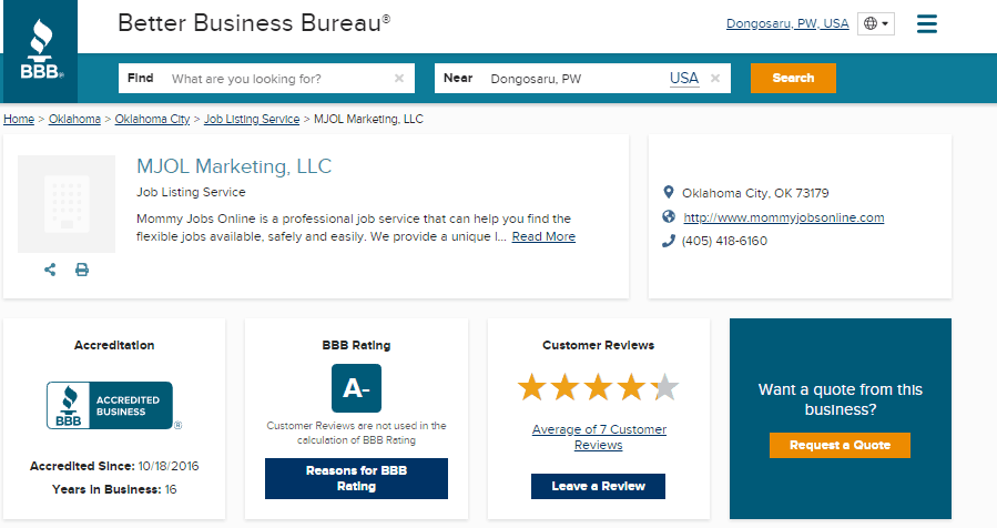 Mommy Jobs Online BBB Rating