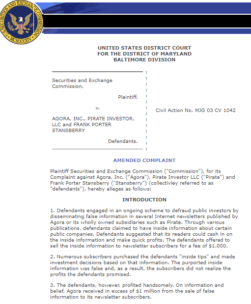 Porter Stansberry SEC Fraudulant Advice