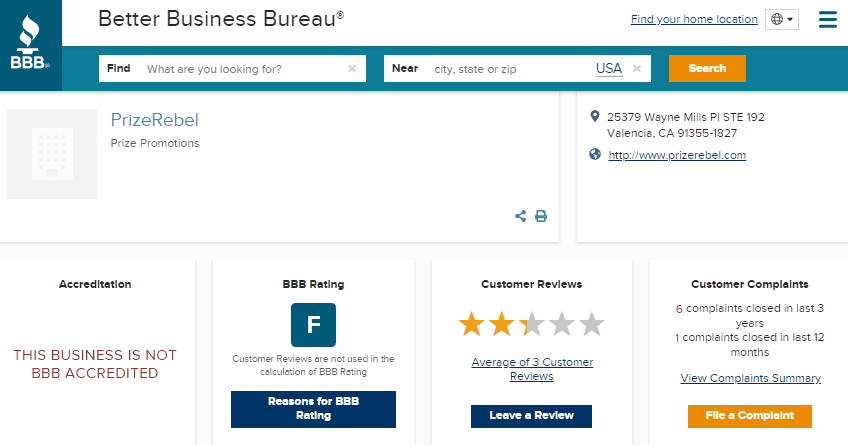 PrizeRebel BBB rating