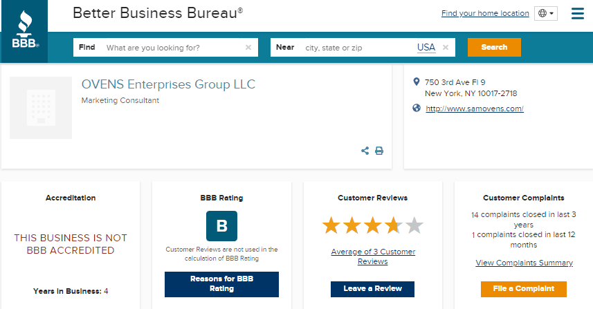 Sam ovens Consulting BBB Rating