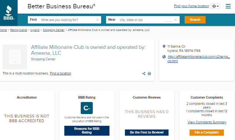 Affiliate Millionaire Club BBB Rating