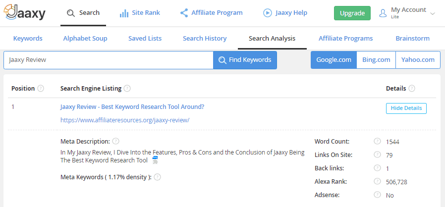 Jaaxy Review Search Analytics