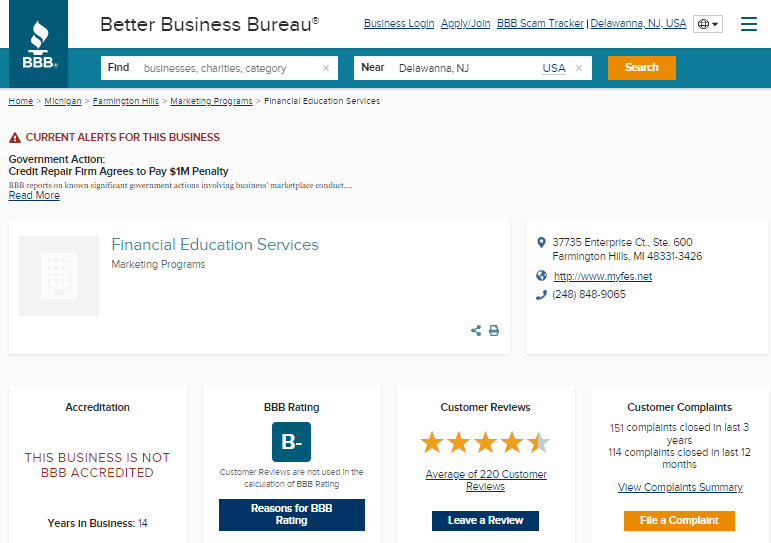Financial Education Service BBB Rating