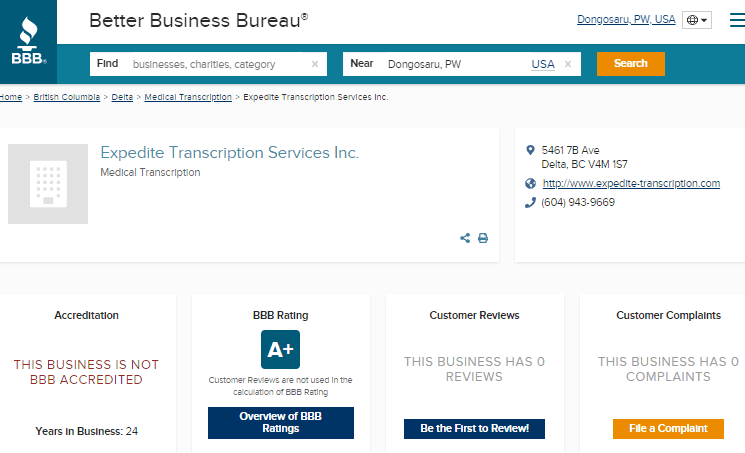 Expedite Transcription BBB Rating