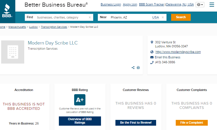 Modern Day Scribe BBB Rating