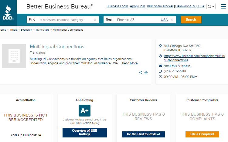 Multilingual Connections BBB Rating