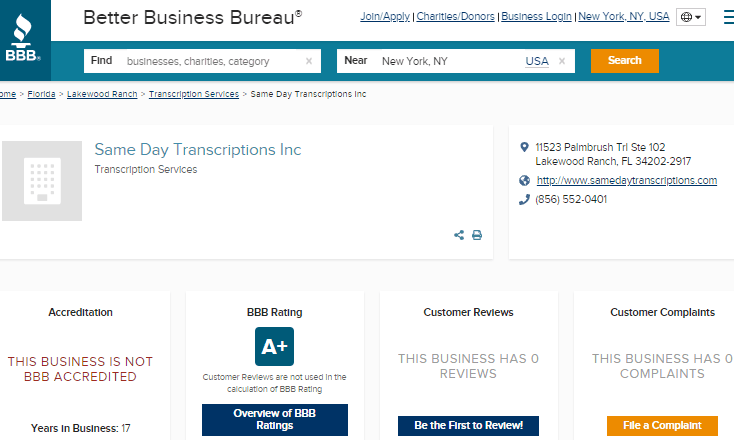 Same Day Transcriptions BBB Rating