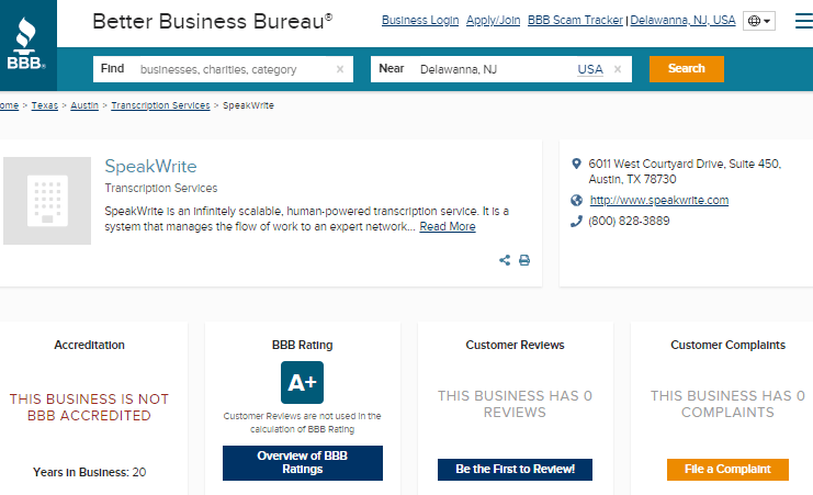 SpeakWrite BBB Rating