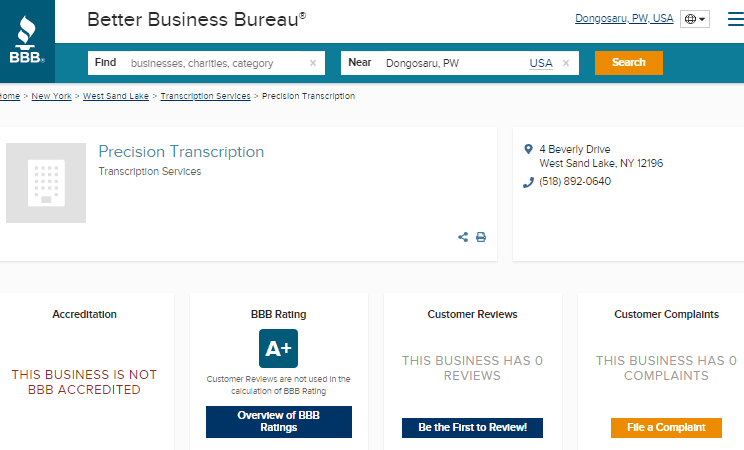 Precision Transcription BBB Rating