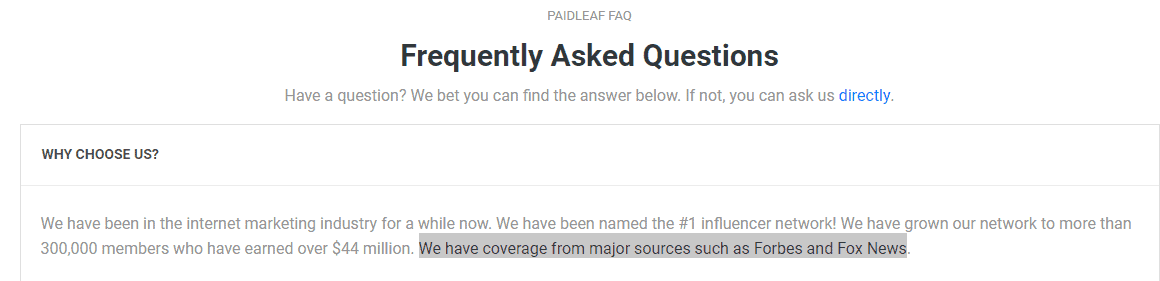 PaidLeaf FAQ Fake NameDropping
